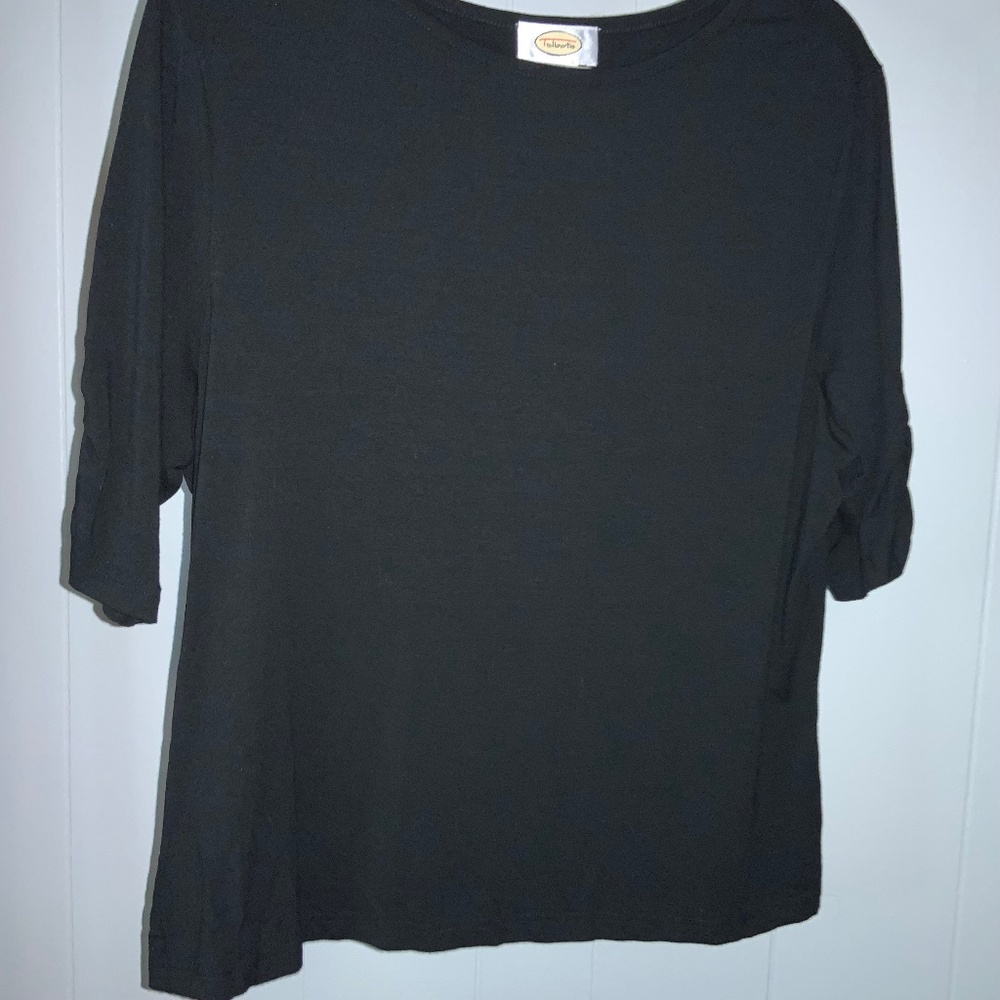 Talbots black modal blend knit top Sz XL elbow length ruched sleeves